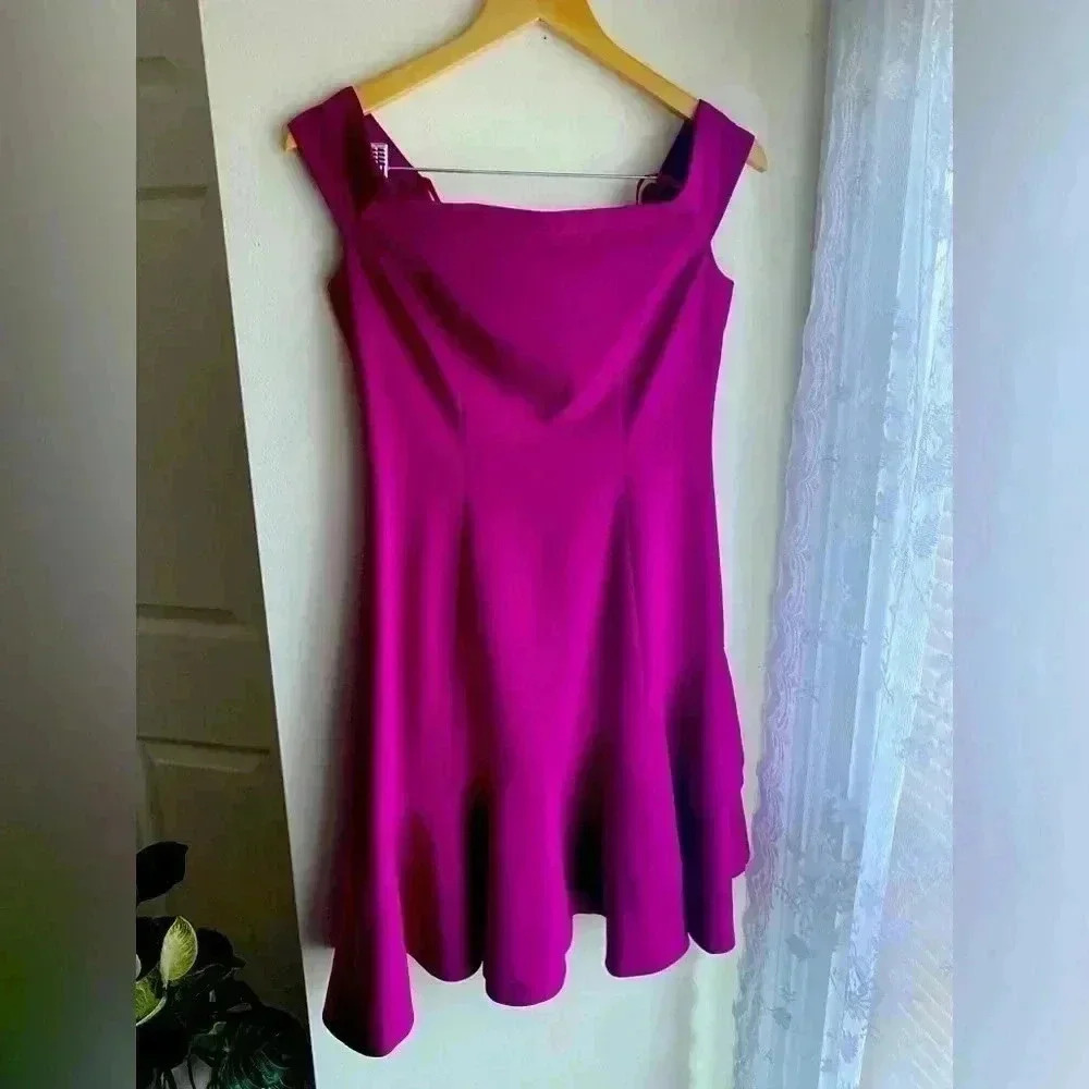 Eliza J Magenta Asymmetric Sheath Dress Ruffle Hem Cap Sleeve Off the Shoulder 4